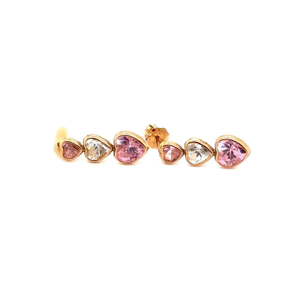 10k Yellow Gold Pink White CZ Triple Heart Drop Earrings 1.7g Mismatched Backs